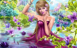 Aperçu fond d'écran Belle fille pourpre robe de fantaisie dans l'eau, papillon, fleurs