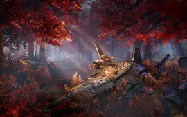 Aperçu fond d'écran Forêt, automne, vaisseau spatial brisé, conception d'art
