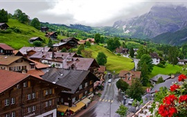 Preview wallpaper Grindelwald, Switzerland, town, road, valley, mountains, trees, clouds