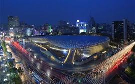 Seul, Coréia, cidade noite, Dongdaemun Design Plaza, estrada, luzes