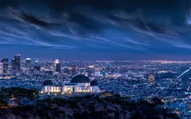 街並み、夜、嵐、ライト、グリフィス天文台、ロサンゼルス、アメリカ