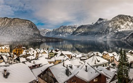 Preview wallpaper Austria, Hallstatt, Alps, mountains, lake, winter, snow, houses, roof