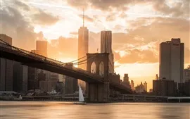 Aperçu fond d'écran Brooklyn, pont, rivière, ville, gratte-ciel, coucher soleil, USA