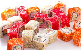 Marisco, sushi colorido, rolos, comida japonesa