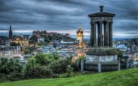 Preview wallpaper Edinburgh, Scotland, evening, trees, gazebo, city, lights, clouds