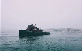 Aperçu fond d'écran Mer, bateau, brouillard, matin