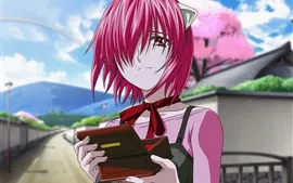 Elfen Lied, fille aux cheveux roses, regarde la boîte