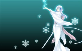 Preview wallpaper White hair anime girl, kimono, sword, snowflakes