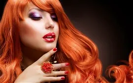 Aperçu fond d'écran Mode fille aux cheveux rouges, lèvres rouges, anneau, sexy