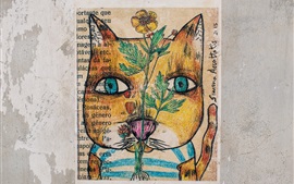 Visualizar papel de parede Desenho de arte, gato, flor, parede