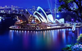 Sydney, Opera House, noite, luzes, mar