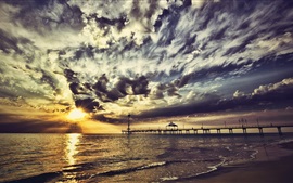 Preview wallpaper Pier, clouds, sunset, sea, evening