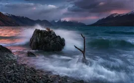 Preview wallpaper Southern Alps, New Zealand, Lake Ohau, waves, stones, clouds, morning