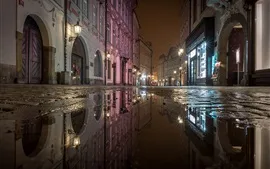 都市の夜、通り、水たまり、水、ライト、プラハ、チェコ共和国