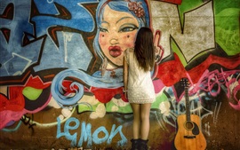 Visualizar papel de parede Parede Graffiti, vista traseira da menina, guitarra