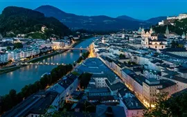 Preview wallpaper Salzburg, Austria, city night, river, bridge, houses, lights