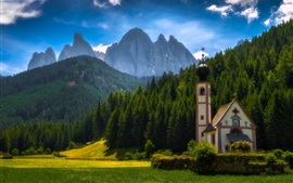 Visualizar papel de parede Santa Maddalena, Itália, Dolomitas, montanhas, árvores, igreja