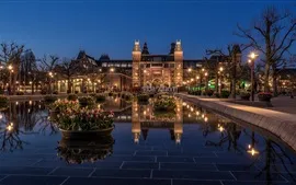 Vorschau des Hintergrundbilder Amsterdam, Rijksmuseum, Niederlande, Nacht, Lichter, Tulpen