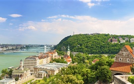 Будапешт, река Дунай, город, дома, мост, деревья, небо, облака