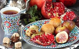Vorschau des Hintergrundbilder Granatapfel, Süßigkeiten, Feigen, Tee