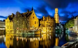 Belgium, Bruges, night, lights, river
