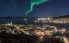 壁紙のプレビュー ハンマーフェスト、ノルウェー、北方灯、夜間、海、都市