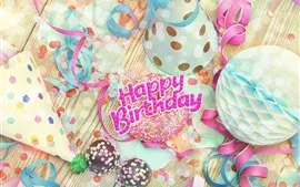 Preview wallpaper Happy Birthday, decoration, hat, ribbons, chocolate ball