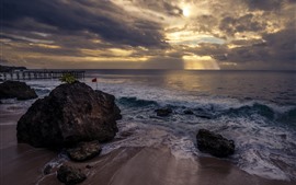 Бали, волны, море, камни, пирс, облака, солнечные лучи, закат