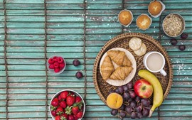 Preview wallpaper Croissants, cupcakes, apple, strawberry, grape, banana, coffee