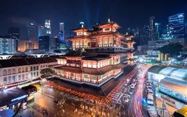 Aperçu fond d'écran Singapour, temple et musée de la relique de la dent du Bouddha, nuit, ville, lumières
