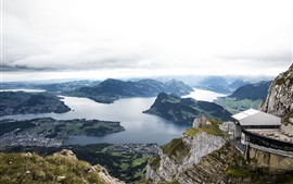Preview wallpaper Switzerland, mountains, river, city, top view