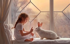 Preview wallpaper Lovely little girl and rabbit