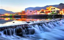 Zhangjiajie, Chine, rivière, maisons, lumières, crépuscule