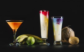 Preview wallpaper Delicious cocktail, coconut, bananas, lime, kiwi, black background