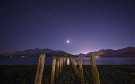 壁紙のプレビュー 夜、湾、湖、山、切り株、星、月
