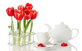Preview wallpaper Red tulips, cups, kettle