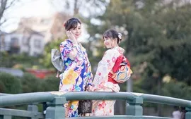 Aperçu fond d'écran Deux belles filles japonaises, kimono, pont