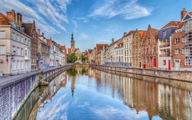 Preview wallpaper Belgium, Bruges, street, houses, river, city