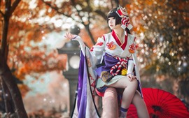 Preview wallpaper Japanese girl, pose, kimono, umbrella, autumn