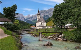 Германия, Бавария, Бавария, церковь, река, мост, деревья