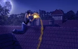 Aperçu fond d'écran Fille, toit, lune, nuit, magie, briller