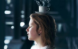Preview wallpaper Girl, cup on head, water splash