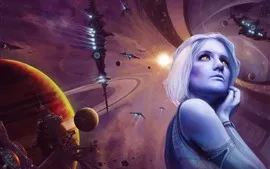 Aperçu fond d'écran Fille fantastique, planètes, vaisseau spatial, espace, photo d'art