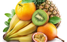Preview wallpaper Banana, kiwi, orange, pineapple, fruit, white background