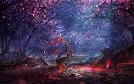 森林，树木，花卉，光线，艺术图片