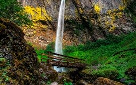 Preview wallpaper Elowah Falls, waterfall, bridge, rocks, moss, Oregon, USA