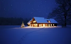 壁紙のプレビュー 雪、家、ライト、星、夜、木、冬、クリスマス