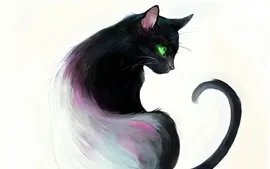 Preview wallpaper Art painting, black cat, look back, green eyes, book