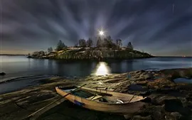 Aperçu fond d'écran Finlande, Helsinki, bateau, île, arbres, rivière, nuit