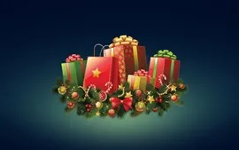 壁紙のプレビュー クリスマス、ギフト、ボール、装飾、青い背景、ベクトルデザイン